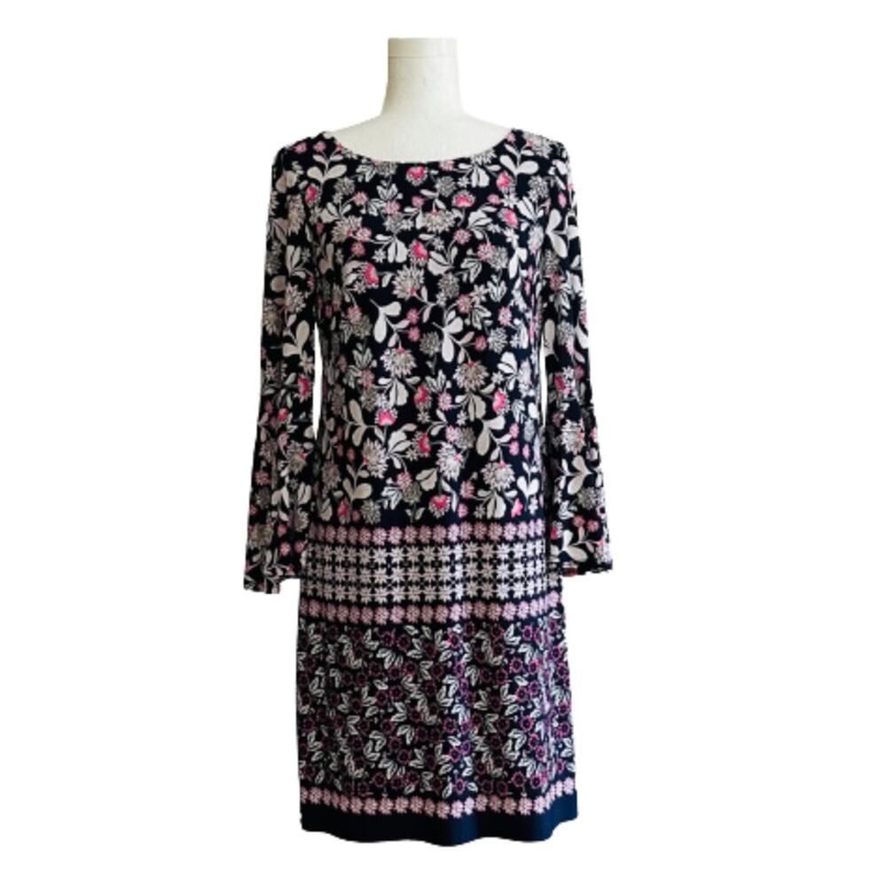 Eliza J Dress Navy Pink White Floral Bell Sleeve Career Lined Shift Dress Size 6